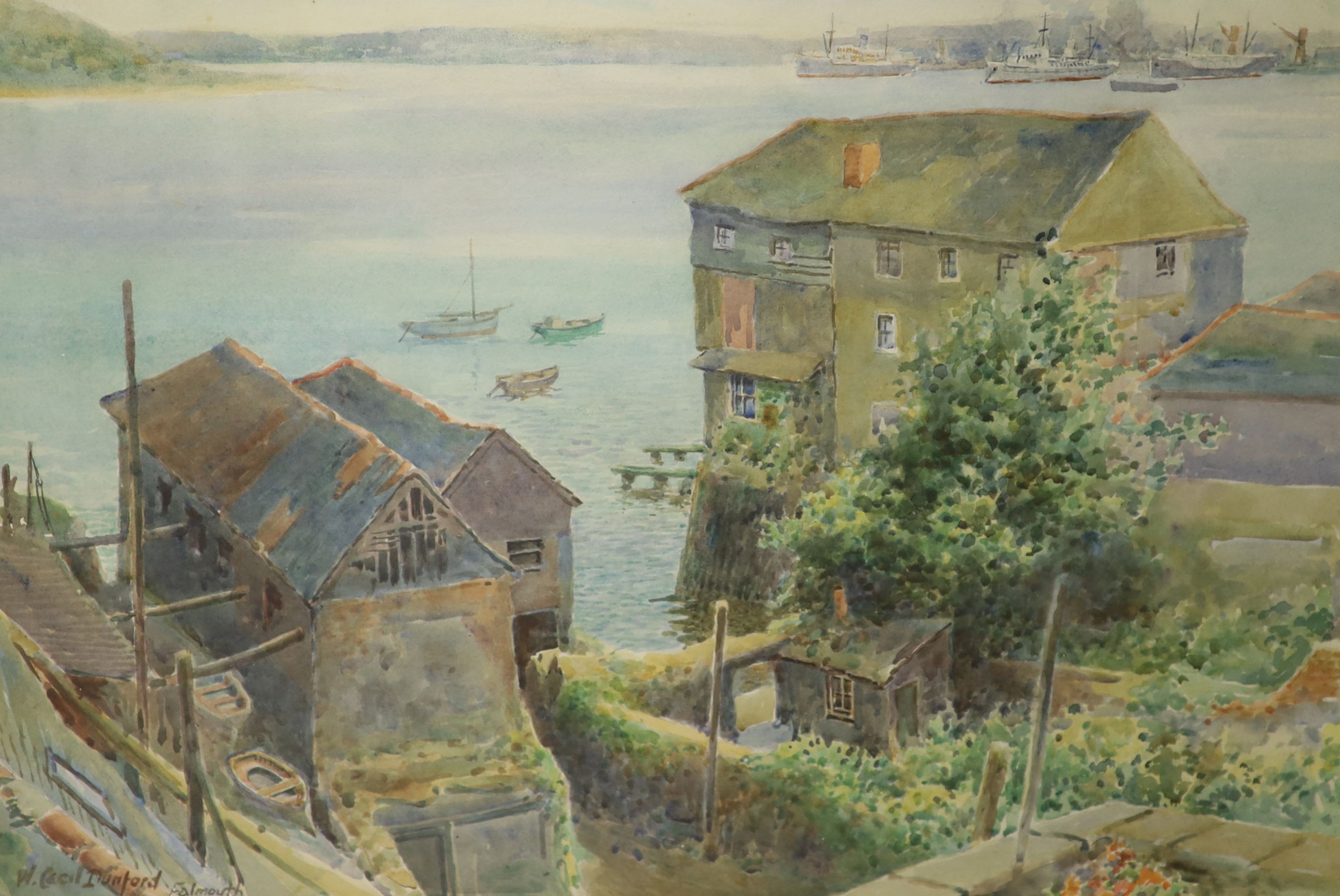 W. Cecil Dunford (1885-1969), watercolour, Boat Building Sheds, Falmouth, signed, 35 x 52cm.